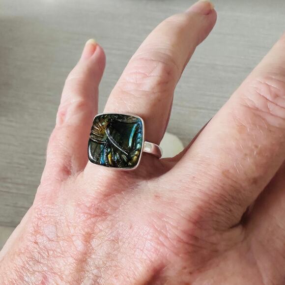 Natural Carving Labradorite Madagascar Sterling Silver Ring Size 9 - Picture 3 of 9